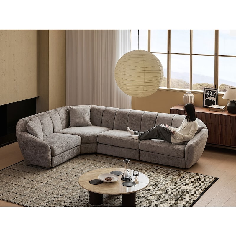 Slope Arm Chenille Fabric Rectangle Sectional Sofa Scallop Sofa - 4 Sests(L Shape) - Dark Grey