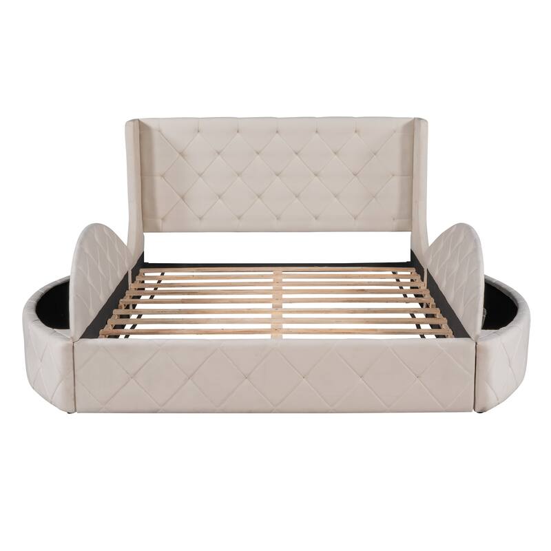 Velvet Platform Bed Queen Size with Wingback Headboard, 1 Large Storage Drawer, and 2 Side Storage Stools, Easy Assembly
