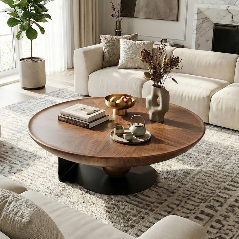 Modern Round Coffee Table with Walnut Finish MDF Top & Stainless Steel Base