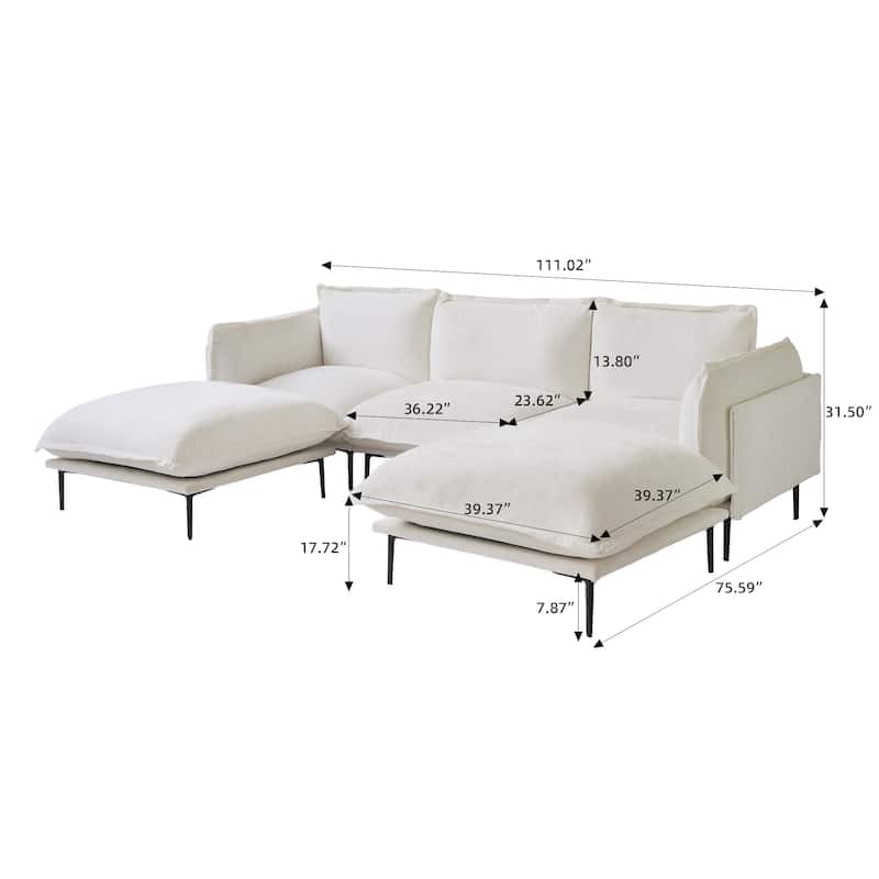 Living Room Furniture Velvet Sectional Sofa Modern Modular Sofa Deep Seat Upholstered Cloud Couch with 2 Ottomans