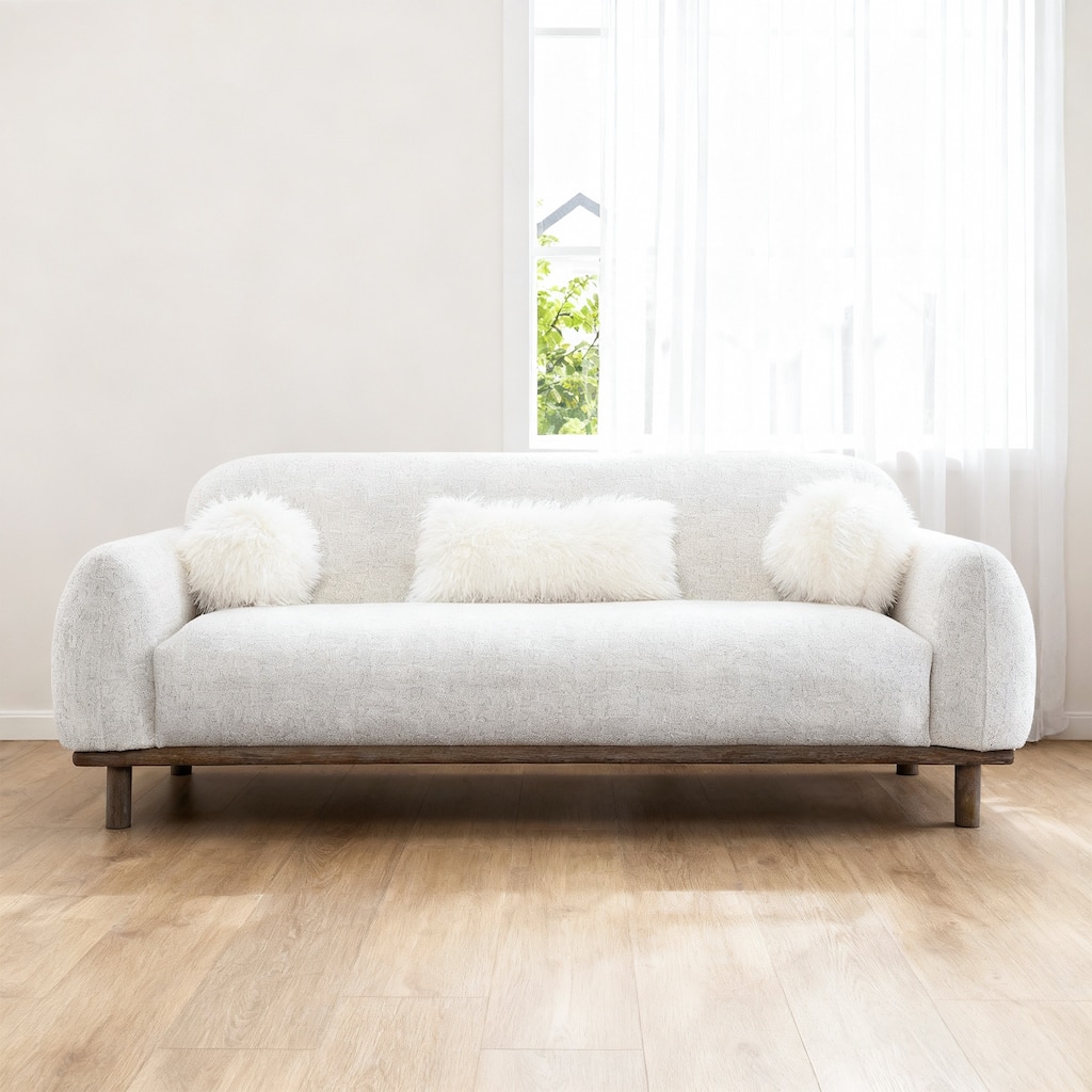 83.8" Modern White Chenille Upholstered Sofa with Wood Legs and Accent Pillows - 83.8" D x 34.5" W x 32.6" H