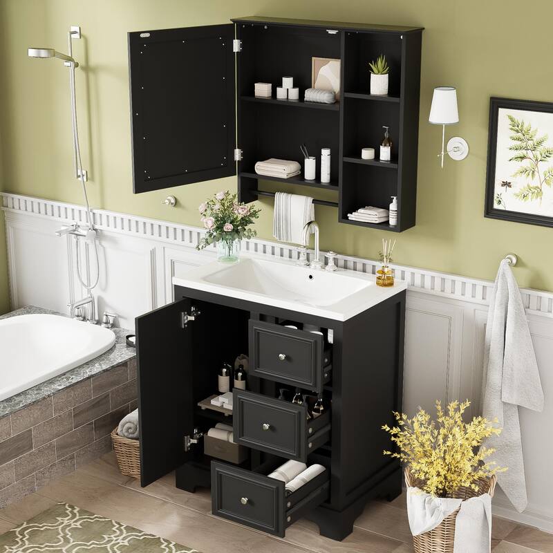 30-inch bathroom vanity with sink,with 3 drawers,adjustable shelves,freestanding vanity set with mirror cabinet,single sink