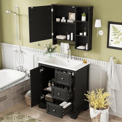 Ceramic Sink Bathroom Vanity & Mirror Cabinet Set of 2, 30" Bathroom Vanity Storage Cabinet with Adjustable Shelves, Black