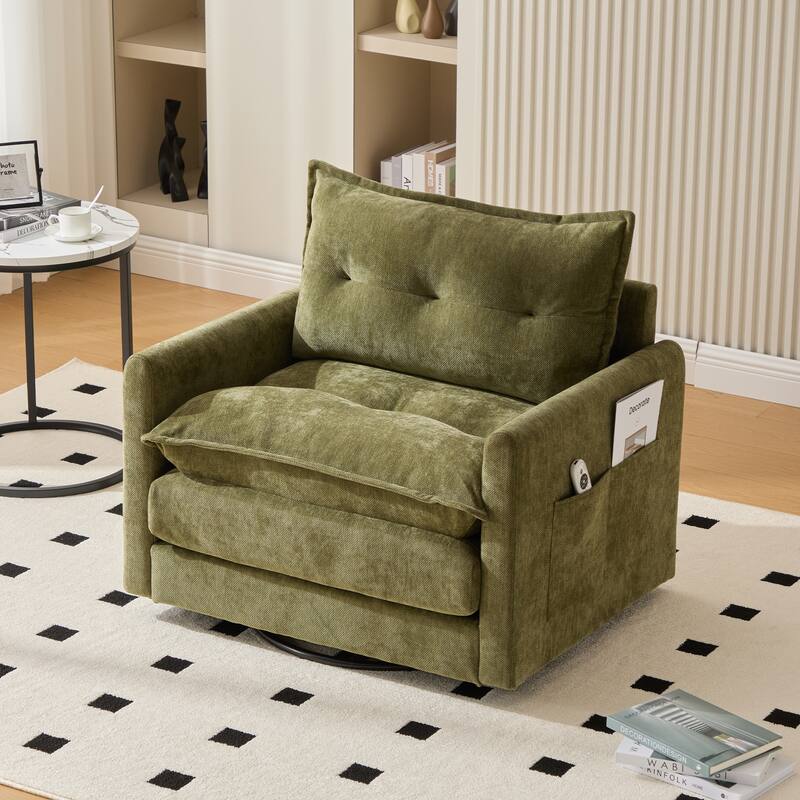 HOMEFUN Chenille Upholstered 360°Degree Swivel Mid Century Modern Arm Chair with Side Pocket for Living Room - Olive Green