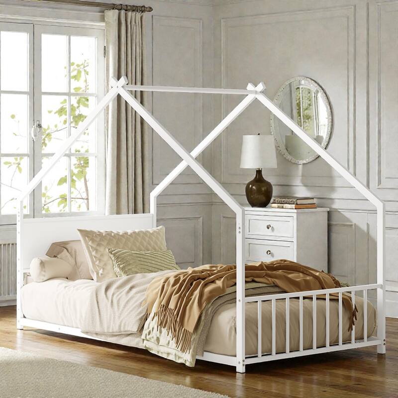 Twin Size Metal House Bed with Roof and LED Lights, Kids Bed Frame with Slats, No Box Spring Needed