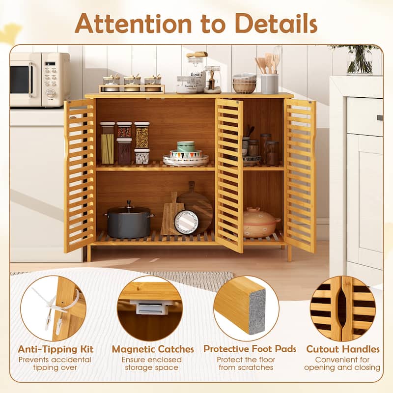 Gymax Bamboo Bathroom Cabinet 3-Door Storage Organizer w/ Shelves