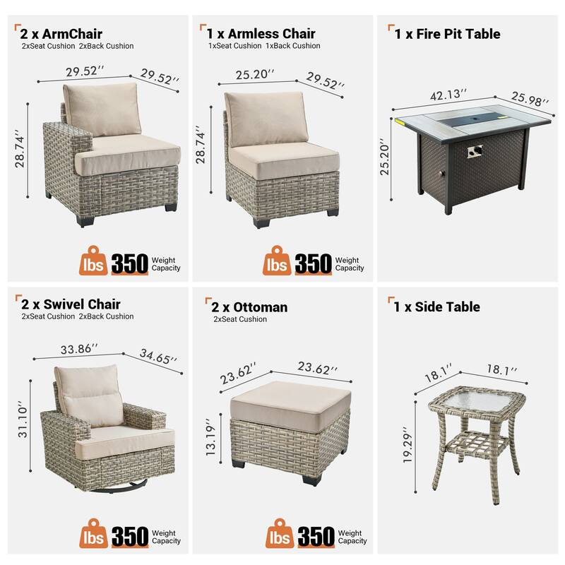 OVIOS 9 Pieces T shaped Seat Wide Armrest Swivel Chair Set With Fire Pit