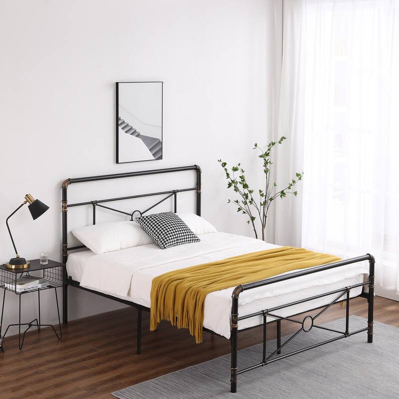 Single-layer Water Pipe Bed with Cross Design and Foot End Black Iron Bed