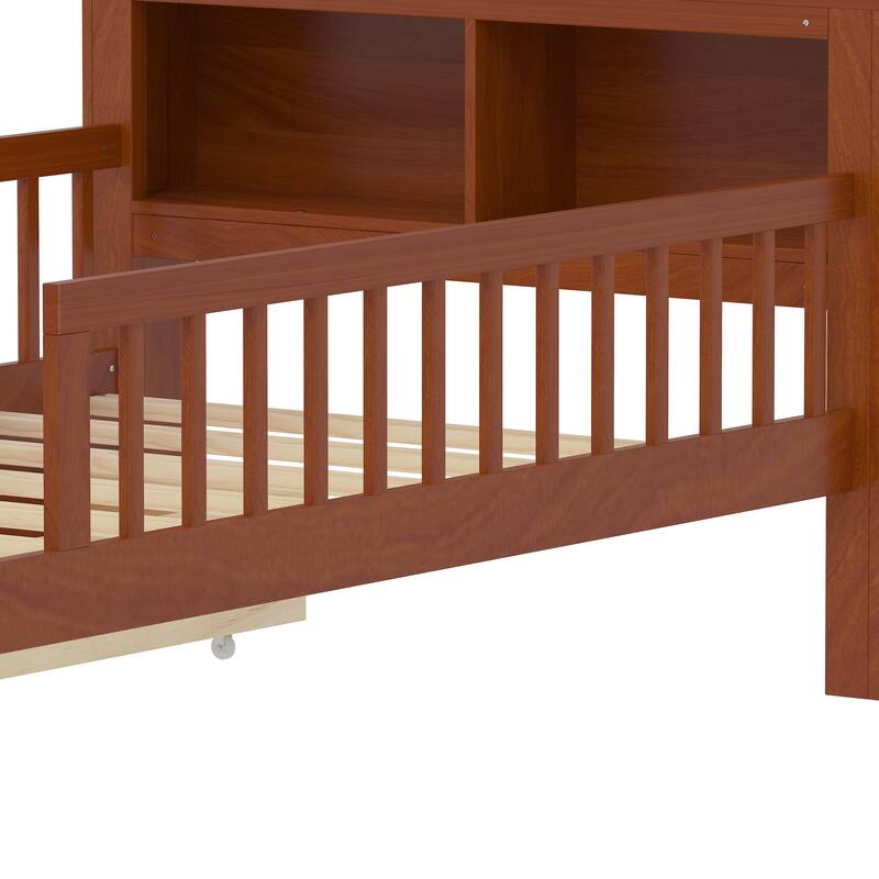 Safe Kids Bed Platform Bed Twin Size Wood Bed Frame with Storage Headboard and 2 Drawers Under, 3-Side Guardrails for Boys Girls