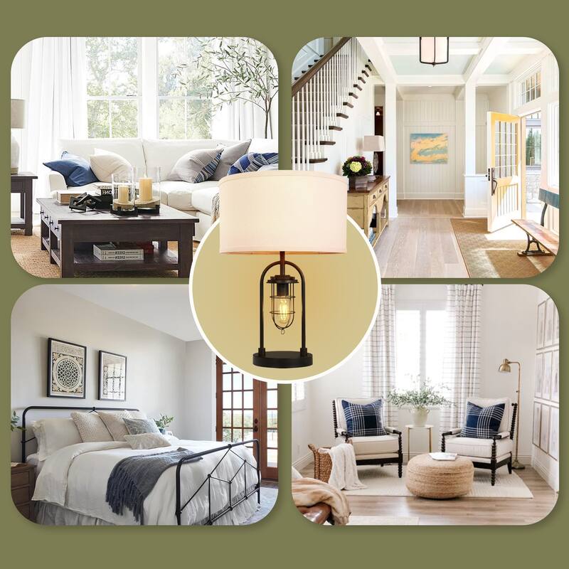 Metal Table Lamp With Night Light Linen Shade Set of 2