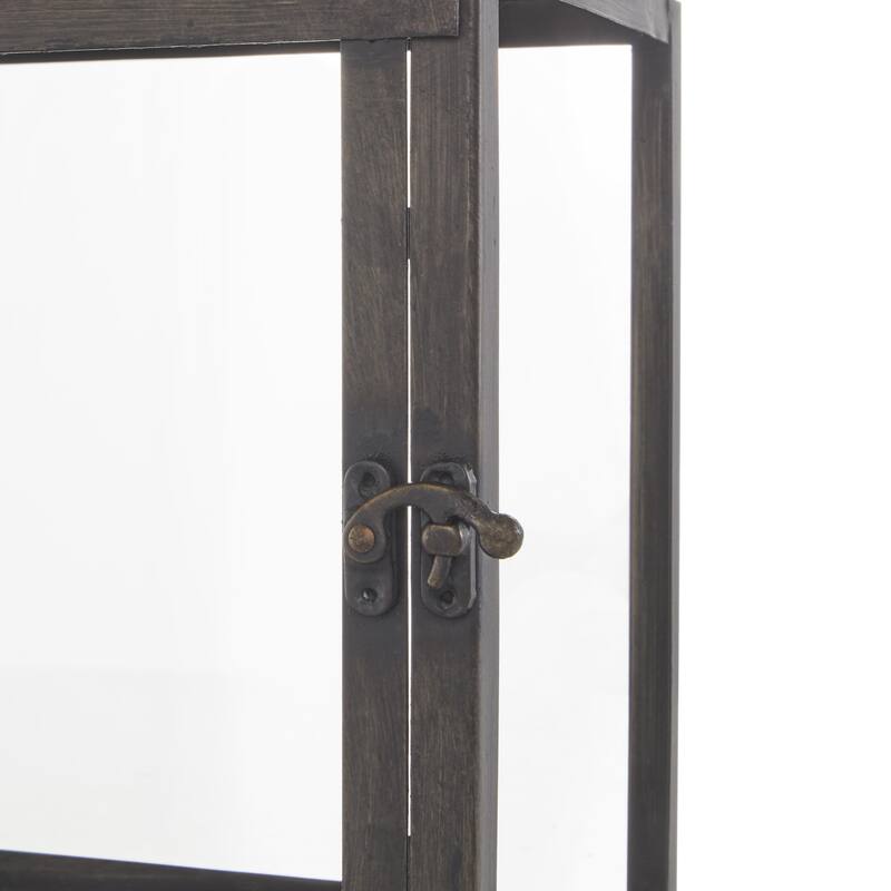 Metal Brushed Rectangular Indoor Outdoor Candle Lantern with Brown Wood Tops - Set of 2 Dark Gray - Roche River Decor
