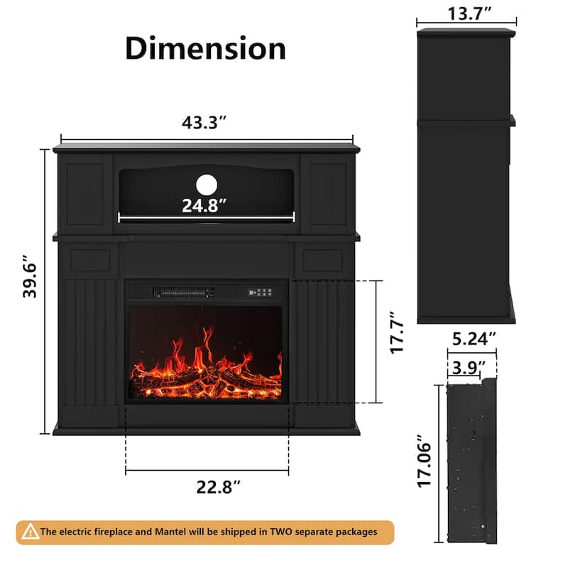 BOSSIN 43" Electric Fireplace with Mantel, 23 inch Electric Fireplace Insert,Freestanding TV Stand with Fireplace Wooden Firebox