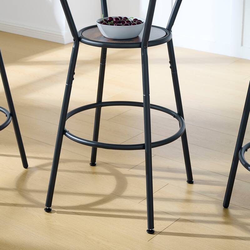 Round bar table and stool set with shelf, upholstered stool with backrest, Rustic Brown 3 pc