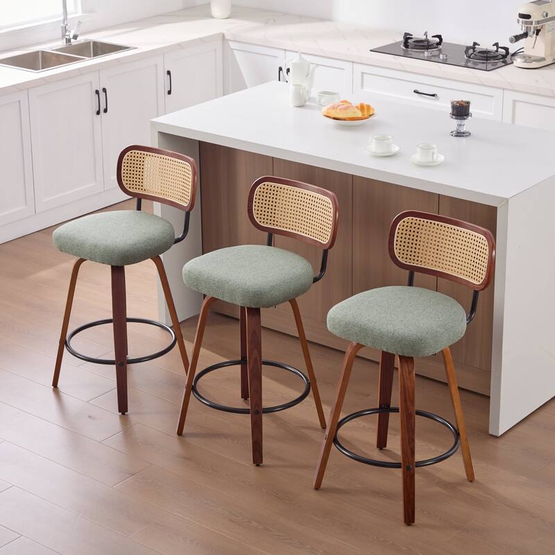 Roomfitters Upholstered Swivel Bar Stools Set of 3 with Rattan Back and Wood Legs, Modern Counter Height Dining Chairs