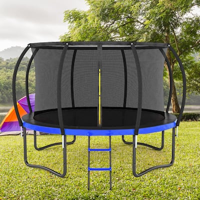 12FT Outdoor Big Trampoline With Inner Safety Enclosure Net, Ladder, PVC Spring Cover Padding, For Kids - Black+Blue