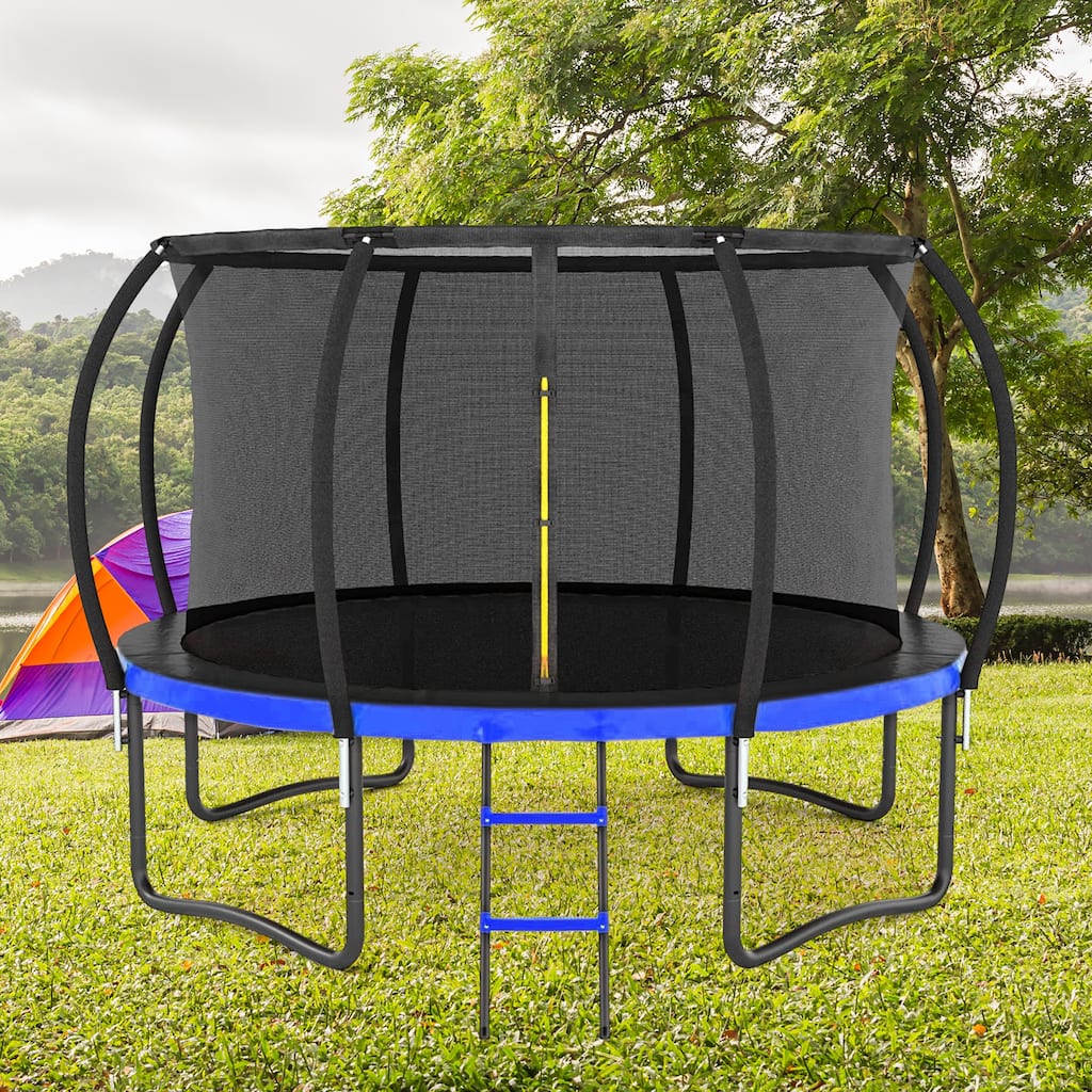12FT Outdoor Big Trampoline With Inner Safety Enclosure Net, Ladder, PVC Spring Cover Padding, For Kids - Black+Blue