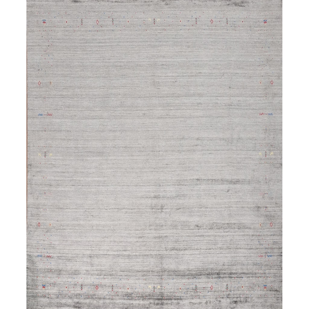 Hand Knotted Oriental Viscose Silk Carpet Tribal Animal Pictorial Greys & Charcoal Gabbeh Area Rug - 11' 10'' X 12' 4''