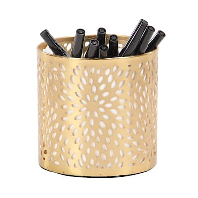 Metal Geometric Pencil Cup with Laser Carved Design - Gold - Roche River Decor