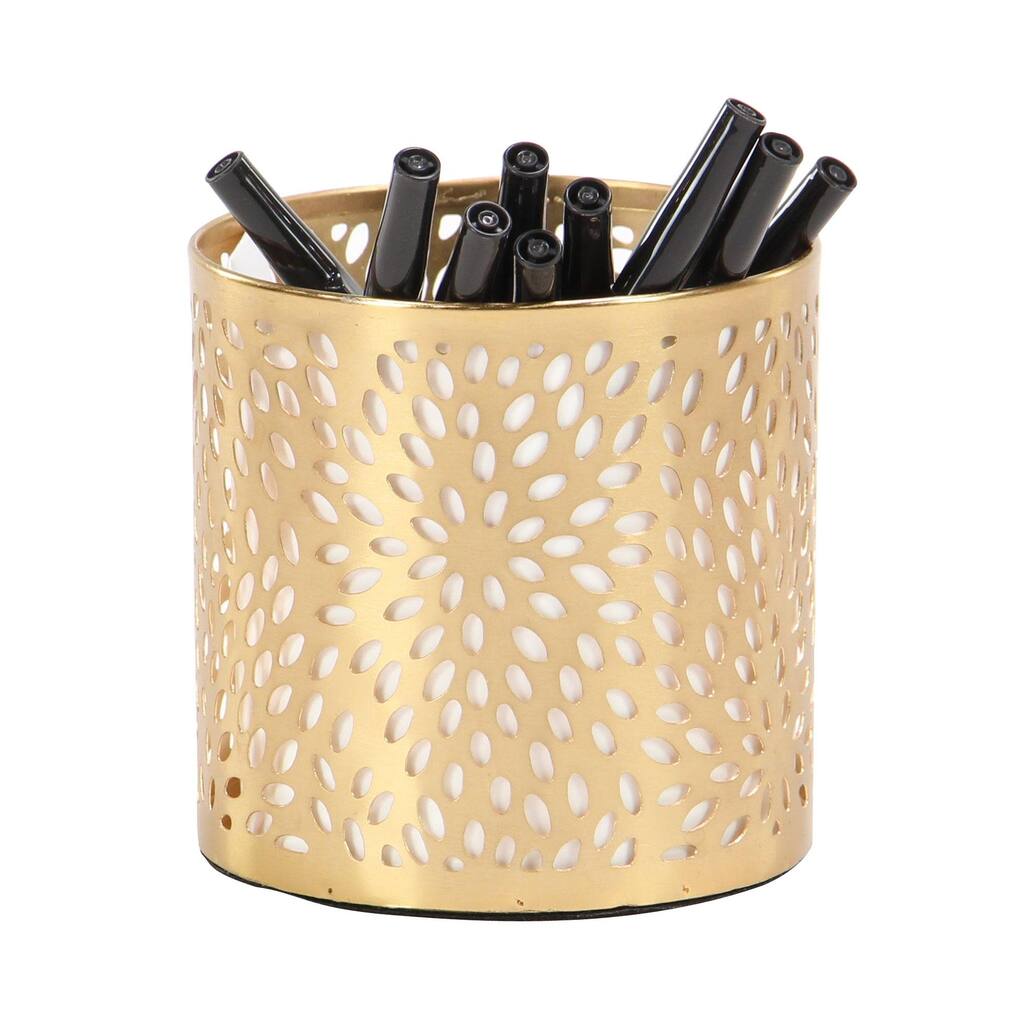 Metal Geometric Pencil Cup with Laser Carved Design - Gold - Roche River Decor