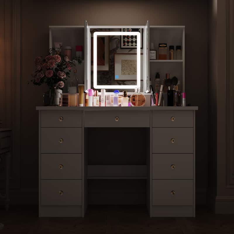 Vanity Desk with Mirror and Lights, Large Makeup Vanity Dressing Table