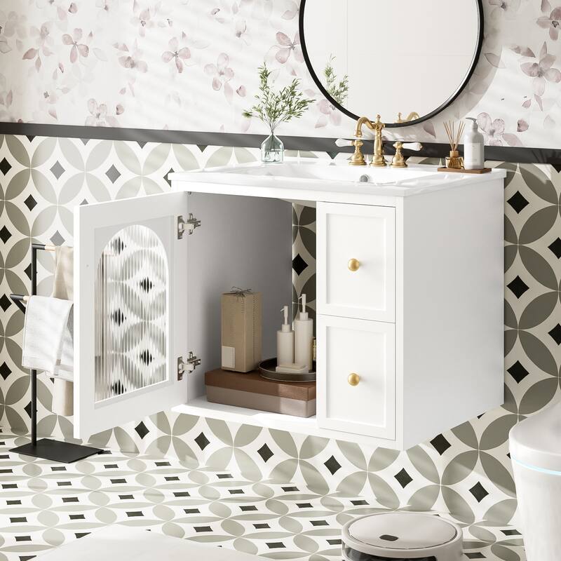 24" Space-Saving Wall Mount Bathroom Vanity with Ceramic Sink - 2 Drawers & Soft-Close Door, Compact Cabinet for Small Bathrooms