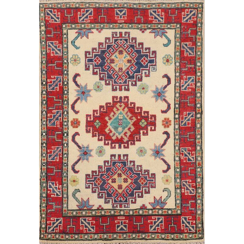 Ivory Geometric Kazak Foyer Rug Hand-Knotted Wool Carpet - 2'9" x 4'2"