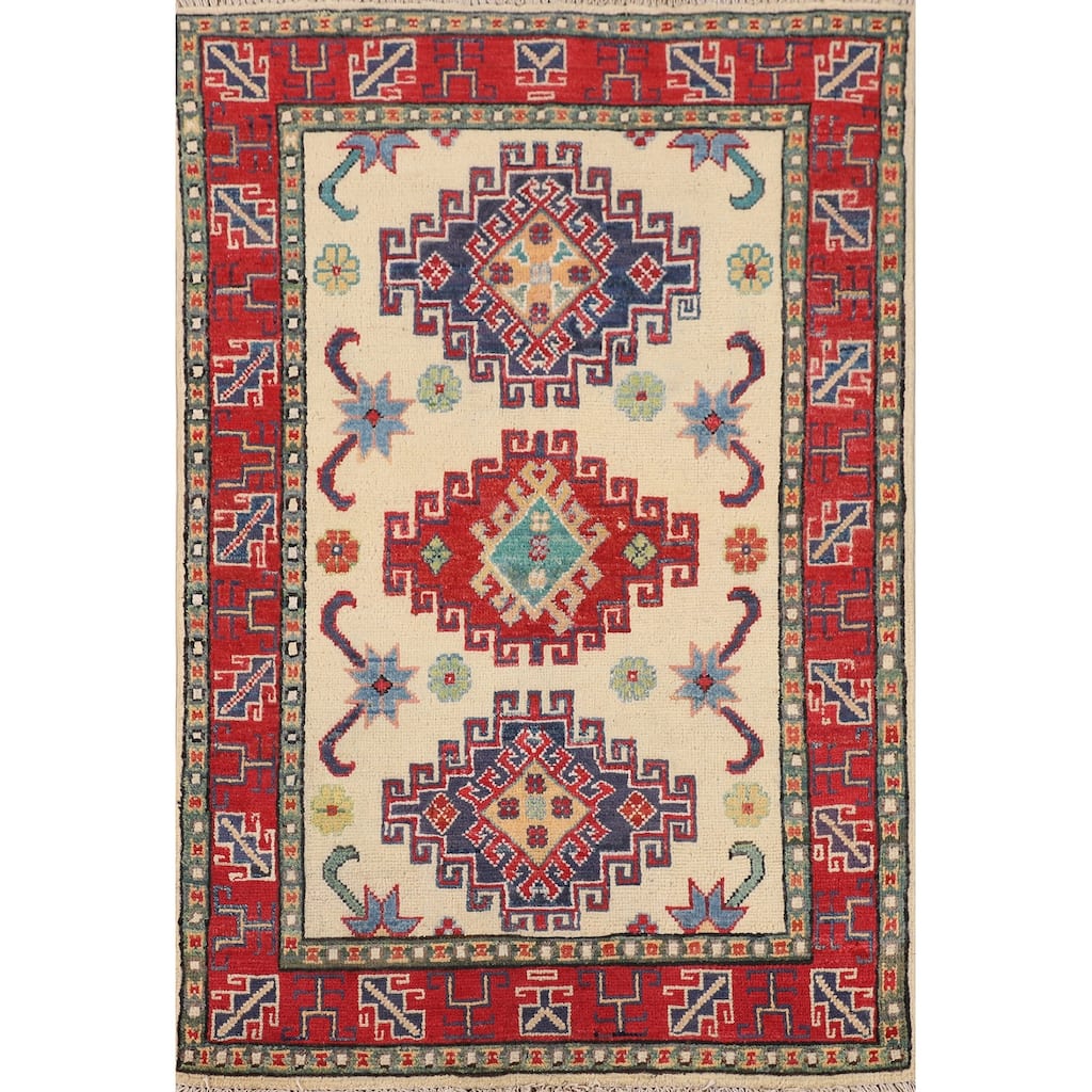 Ivory Geometric Kazak Foyer Rug Hand-Knotted Wool Carpet - 2'9" x 4'2"