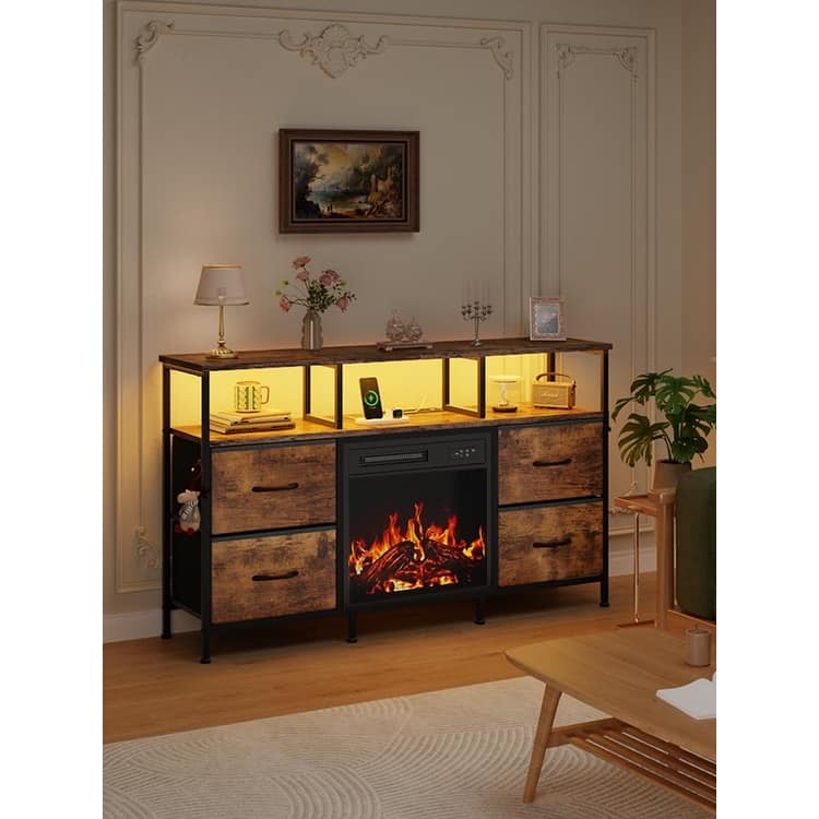 BOSSIN Fireplace TV Stand & Entertainment Center with LED Lights, 4 PU Leather Drawers, Open Shelves, and Built-in Power Outlets - Brown