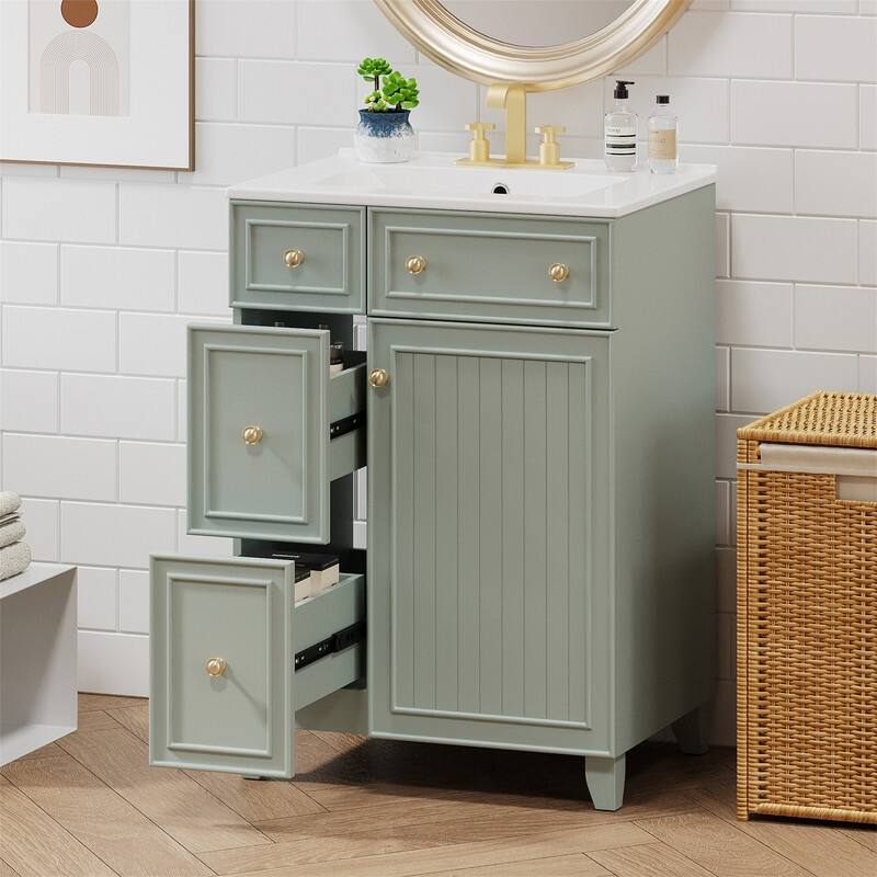 24'' Bathroom Vanity with Ceramic Sink Top, Freestanding Bathroom Vanity Cabinet with 1 Soft Close Door and 2 Storage Drawers
