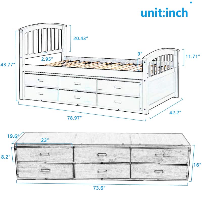 Twin Size Platform Storage Bed Solid Wood Bed with 6 Drawers,White