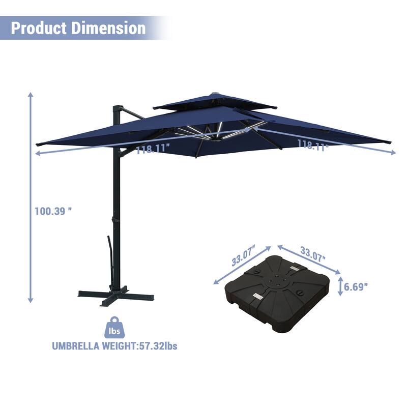 10ft Aluminum Square 2-Top Cantilever Market Umbrella with Base & Lights