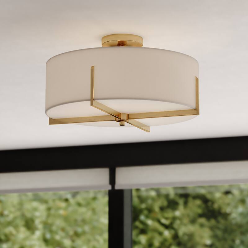 Surrey 18-in W Natural Brass Mid-Century Modern Semi Flush Mount Ceiling Light White Linen Drum Shade - Natural Brass - 18-in W x 9.75-in H x 18-in D