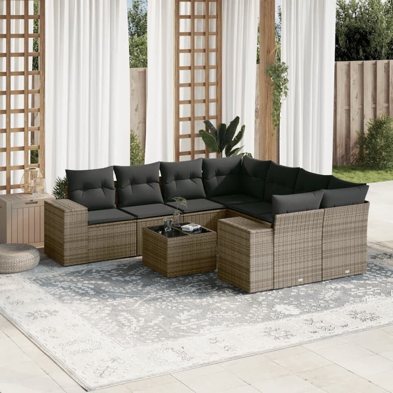 vidaXL Patio Sofa Set with Cushions Outdoor Furniture 9 Piece Poly Rattan - 21.7 x 21.7 x 14.6 - Gray