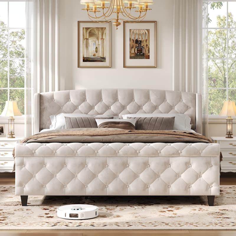Christopher Knight Home - Amara Traditional Velvet Upholstered Sleigh Bed with Wingback Headboard & Scroll Footboard, Queen Size - Beige