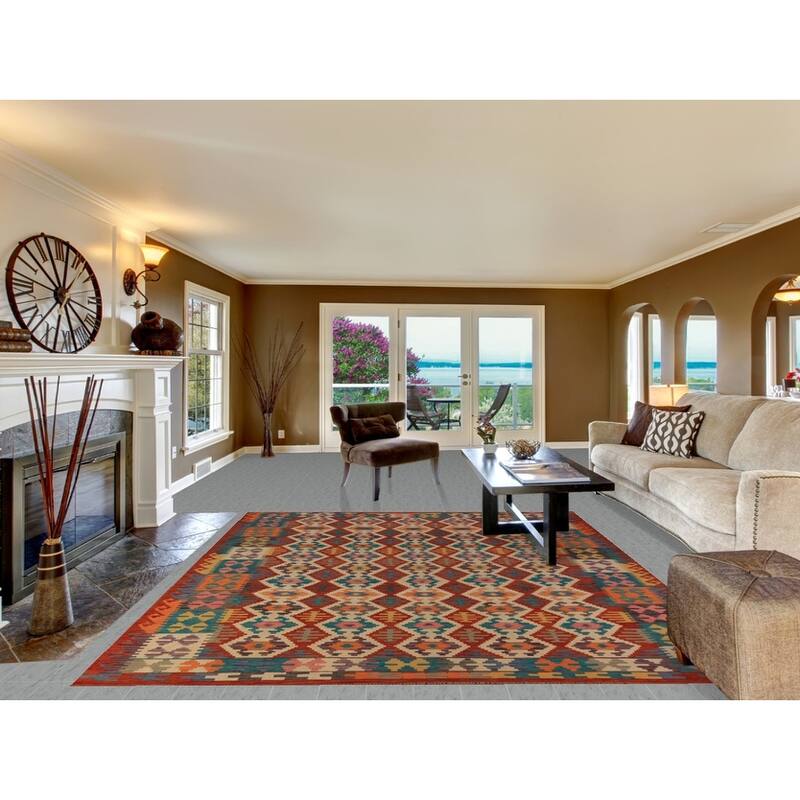 South Western Style Kilim Oriental Area Rug Flatweave Wool Carpet - 8'1"x 9'10"