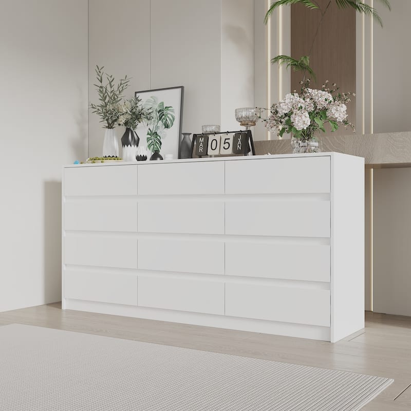 63" Chest of Drawers White Dresser No Handle, Modern 12 Drawer Dresser
