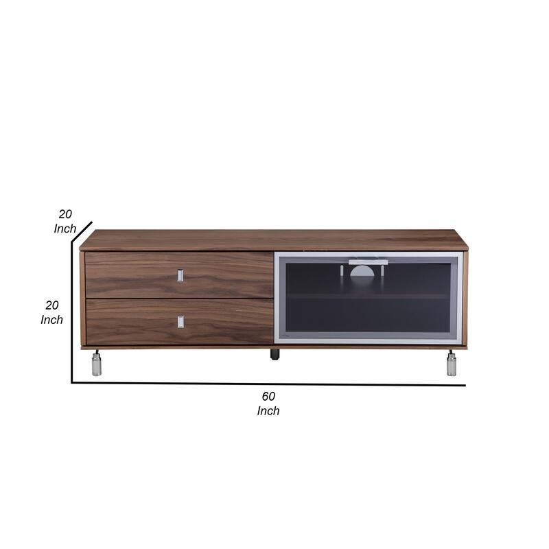 Ida 60 Inch TV Entertainment Console, Drawers, Pull Down Door, Walnut Brown