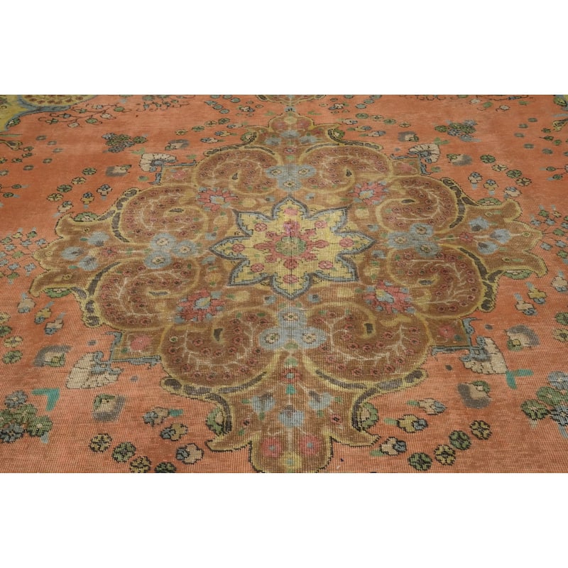 Hand Knotted Oriental 100% Wool Carpet Traditional Floral Coral Tabriz Area Rug - 11' 10'' X 9' 3''