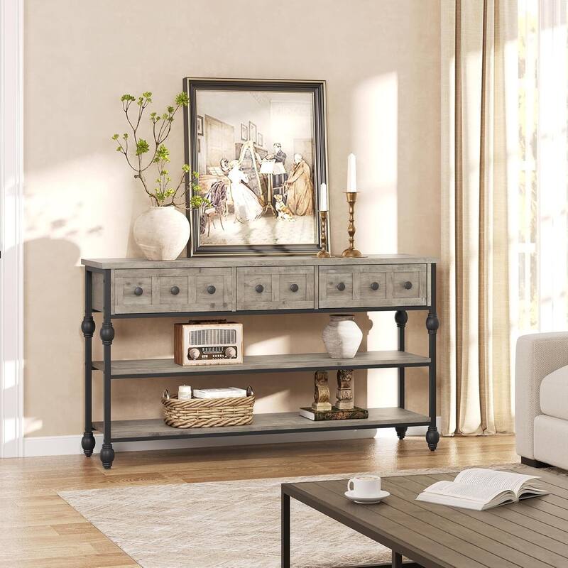 53" 3-Tier Console Sofa Table, Entryway Table with 3 Drawers