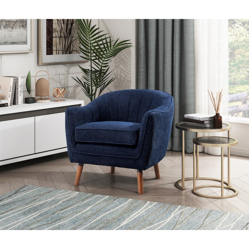 Blue Textured Fabric Upholstered Mid-Century Modern Accent Chair