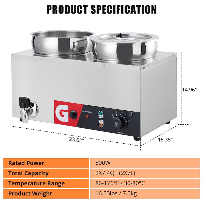 Electric Food Warmer, Commercial Soup Warmer 2x7.4QT
