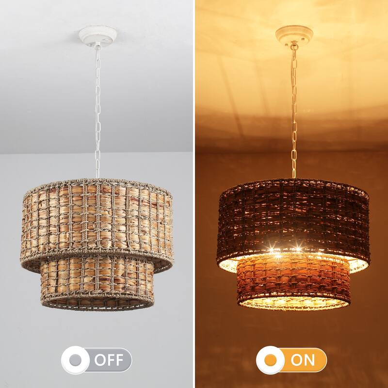 18.9 in. 5-Light Hemp Rope Weaving Drum Chandelier, Bohemian Style Chandelier, Handwoven Semi Flush Mount Chandelier
