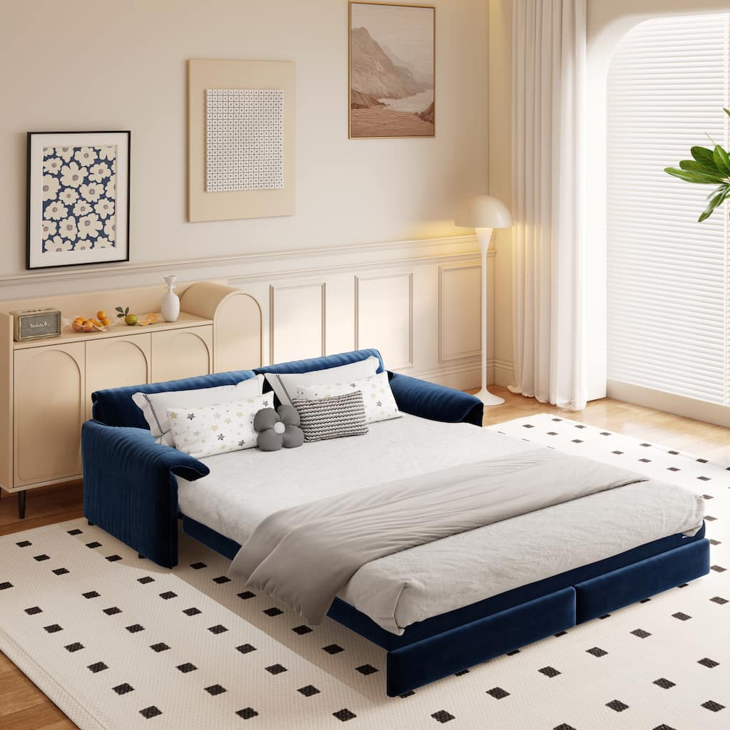 66" Queen Pull Out Sofa Bed, 3-in-1 Convertible Sleeper Sofa with Side Storage,Multi-Functional Velvet Loveseat Bed
