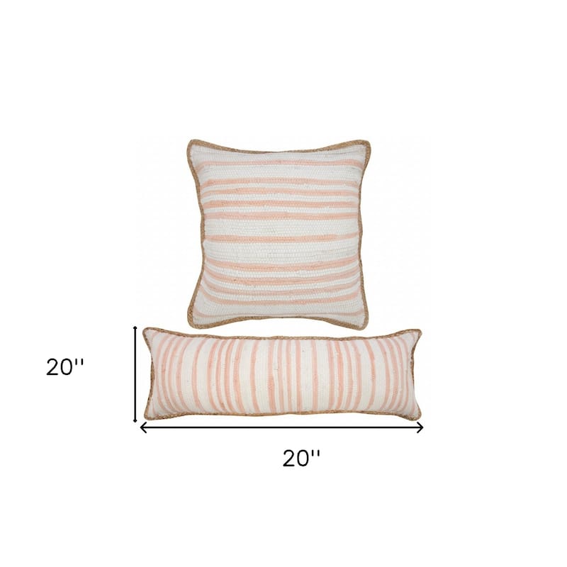 HomeRoots 20" X 20" Coral Pink White And Tan 100% Cotton Striped Zippered Pillow