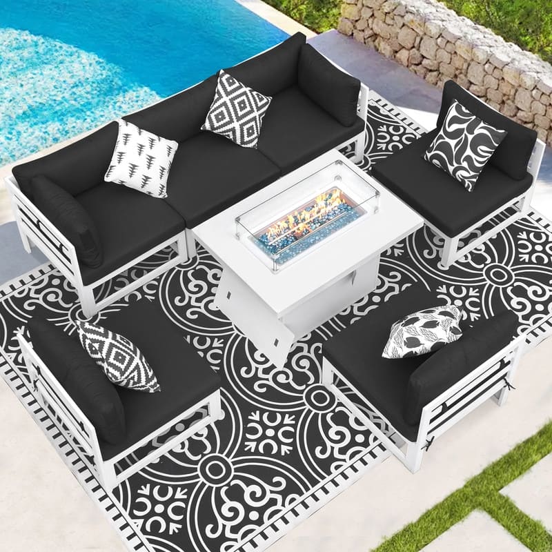 FINCATI 7 Piece Aluminum Outdoor Furniture Set with Propane/Natural Gas Fire Pit Table, 29" Wide Outdoor Sectional Sofa for 6