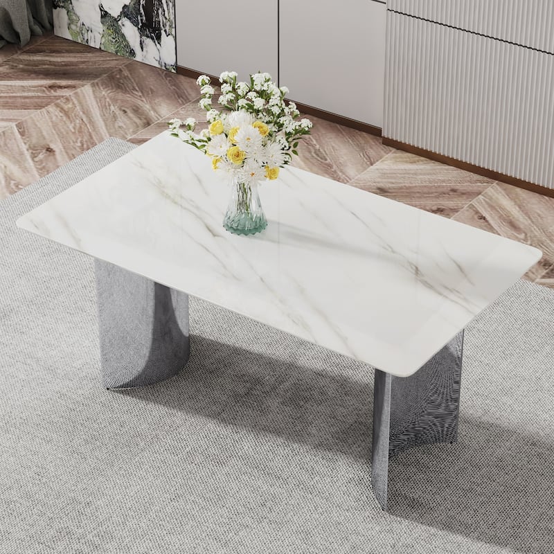 Modern minimalist dining table. White imitation marble glass sticker desktop