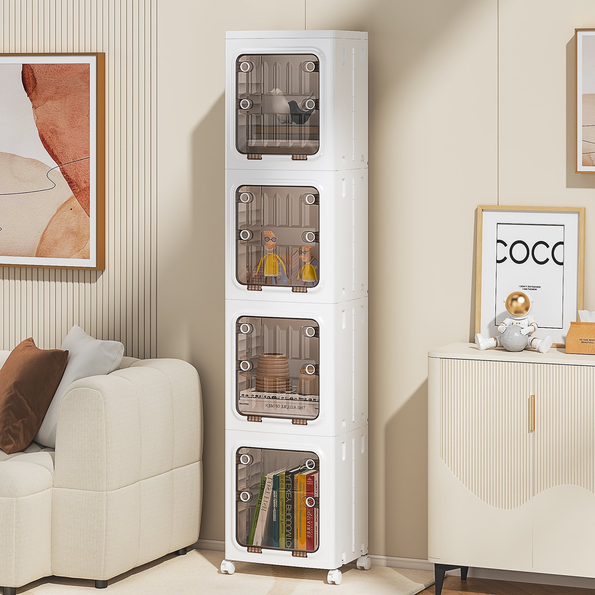 VECELO White 3-Tier & 4-Tier Narrow Storage Bins Foldable Stackable ABS Organizer Bins with Wheels for Bathroom Living Room