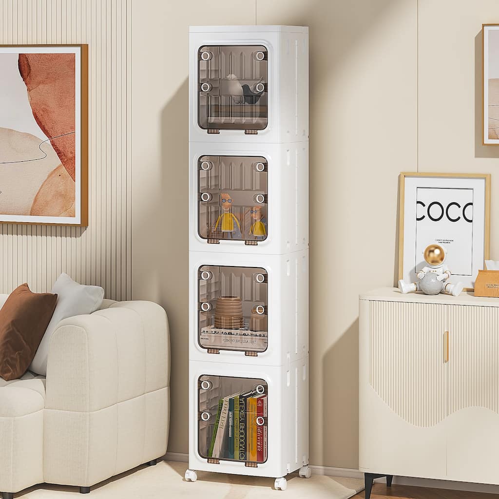 VECELO White 3-Tier & 4-Tier Narrow Storage Bins Foldable Stackable ABS Organizer Bins with Wheels for Bathroom Living Room