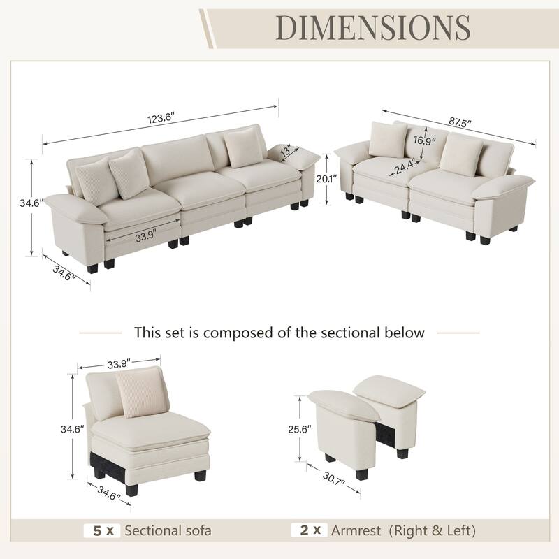 MAISON ARTS 2-Piece Chenille & Corduroy Sofa Set, Comfy 3/4/5-Seater Modular Loveseat & Armchair with Throw Pillows