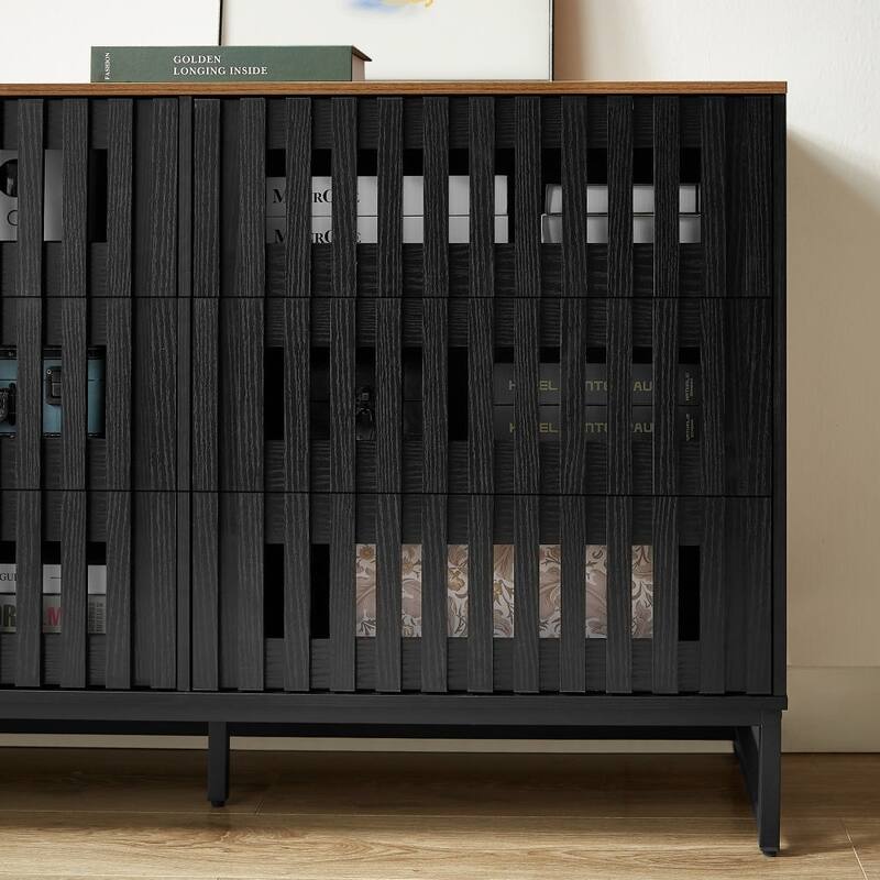 Modern Style Dressing with Grille Stripe Door 3 Drawers and 4 Shelves, for Living Room, Dining Room Office